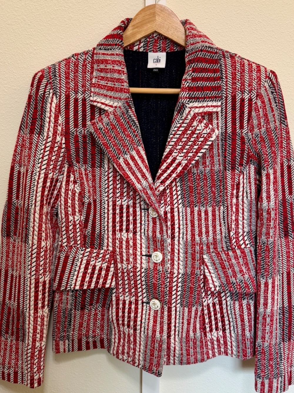 Cabi Red Patchwork Tweed Blazer Jacket Nautical S. #6028